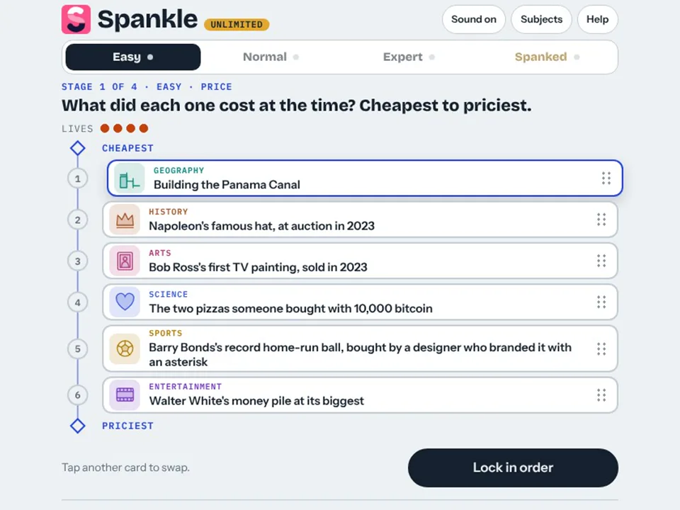 Spankle: six cards to sort from cheapest to priciest, from building the Panama Canal to Walter White's money pile
