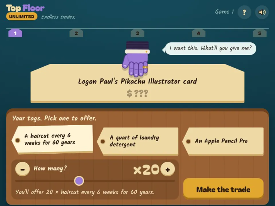 Top Floor: the Hand holds up a price tag for Logan Paul's Pikachu card while you pick which of your items to offer